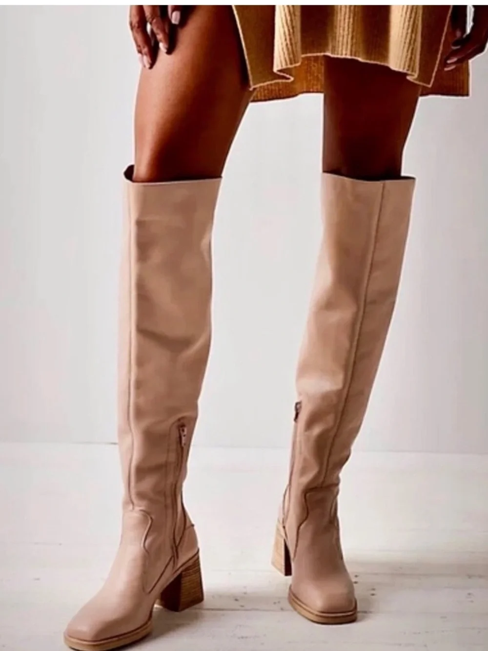 Free People Ivory Cream Leather Knee High Block Heel Boots EU 39.5 US 8.5